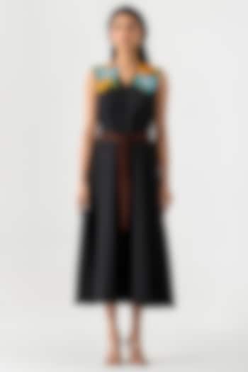 Black Cotton 3D Floral Embroidered Midi Summer Dress by K-ANSHIKA Jaipur at Pernia's Pop Up Shop