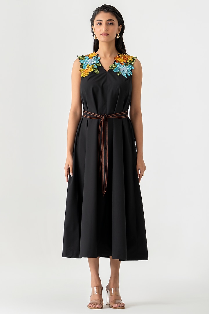 Black Cotton 3D Floral Embroidered Midi Summer Dress by K-ANSHIKA Jaipur at Pernia's Pop Up Shop
