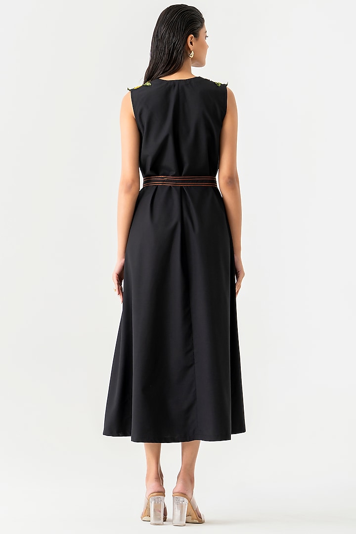 Black Cotton 3D Floral Embroidered Midi Vacation Dress by K-ANSHIKA Jaipur at Pernia's Pop Up Shop