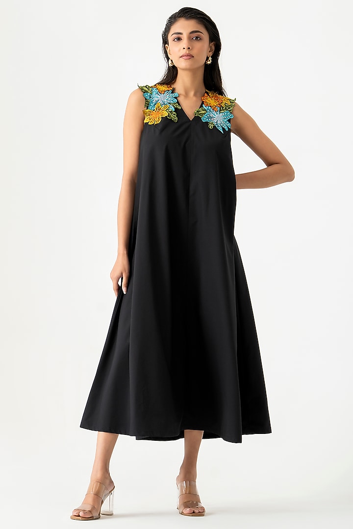 Black Cotton 3D Floral Embroidered Midi Vacation Dress by K-ANSHIKA Jaipur at Pernia's Pop Up Shop