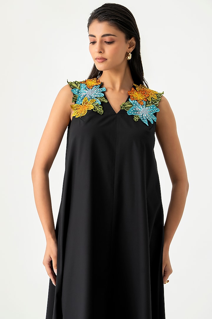 Black Cotton 3D Floral Embroidered Midi Vacation Dress by K-ANSHIKA Jaipur at Pernia's Pop Up Shop
