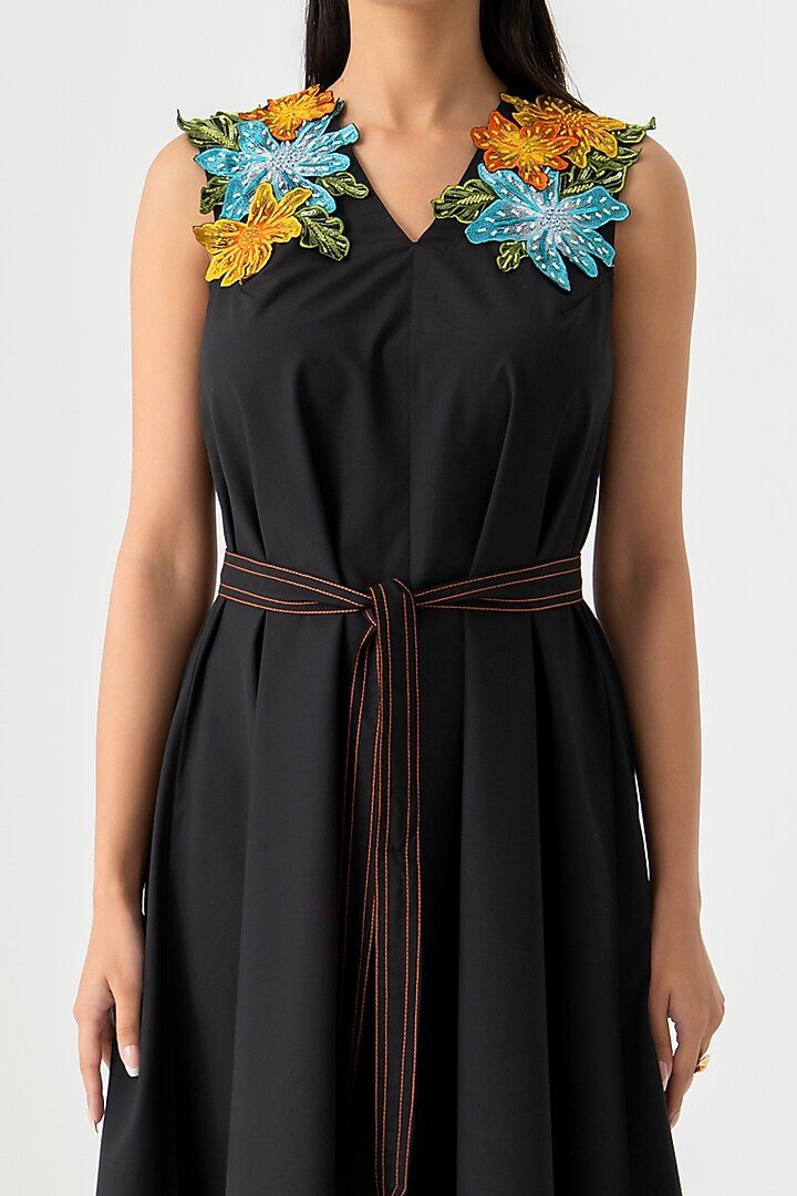 Black Cotton 3D Floral Embroidered Midi Vacation Dress by K-ANSHIKA Jaipur at Pernia's Pop Up Shop
