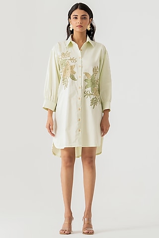 Mint Green Cotton Floral Embroidered Shirt Dress by K-ANSHIKA Jaipur