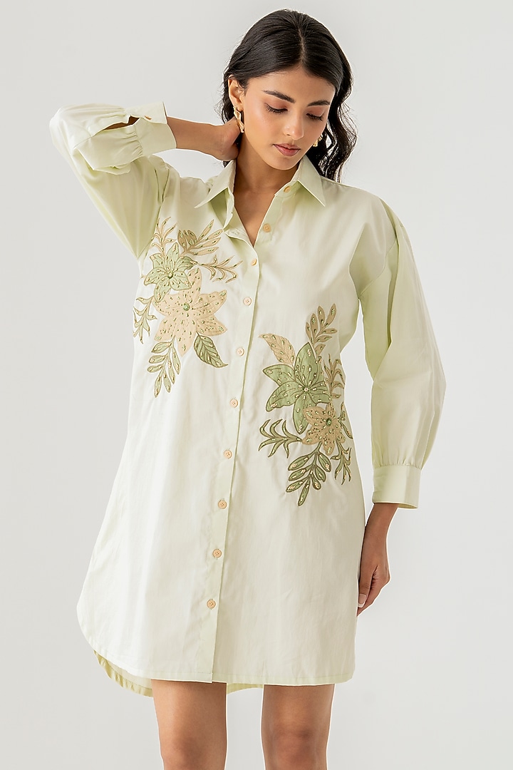 Mint Green Cotton Floral Embroidered Vacation Shirt Dress by K-ANSHIKA Jaipur at Pernia's Pop Up Shop