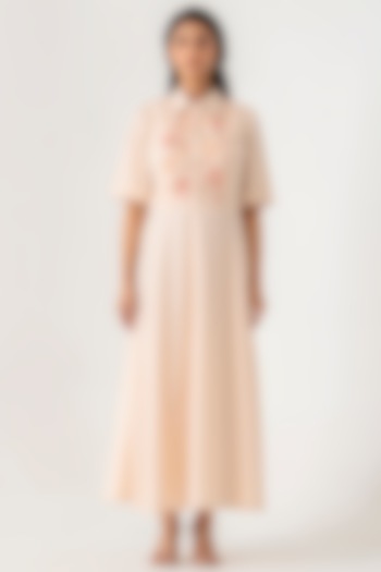 Light Beige Cotton Floral Embroidered Summer Shirt Dress by K-ANSHIKA Jaipur at Pernia's Pop Up Shop