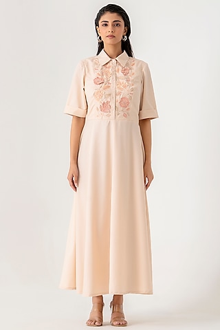 Light Beige Cotton Floral Embroidered Shirt Dress by K-ANSHIKA Jaipur