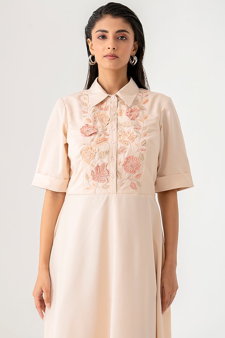 Light Beige Cotton Floral Embroidered Vacation Shirt Dress by K-ANSHIKA Jaipur at Pernia's Pop Up Shop