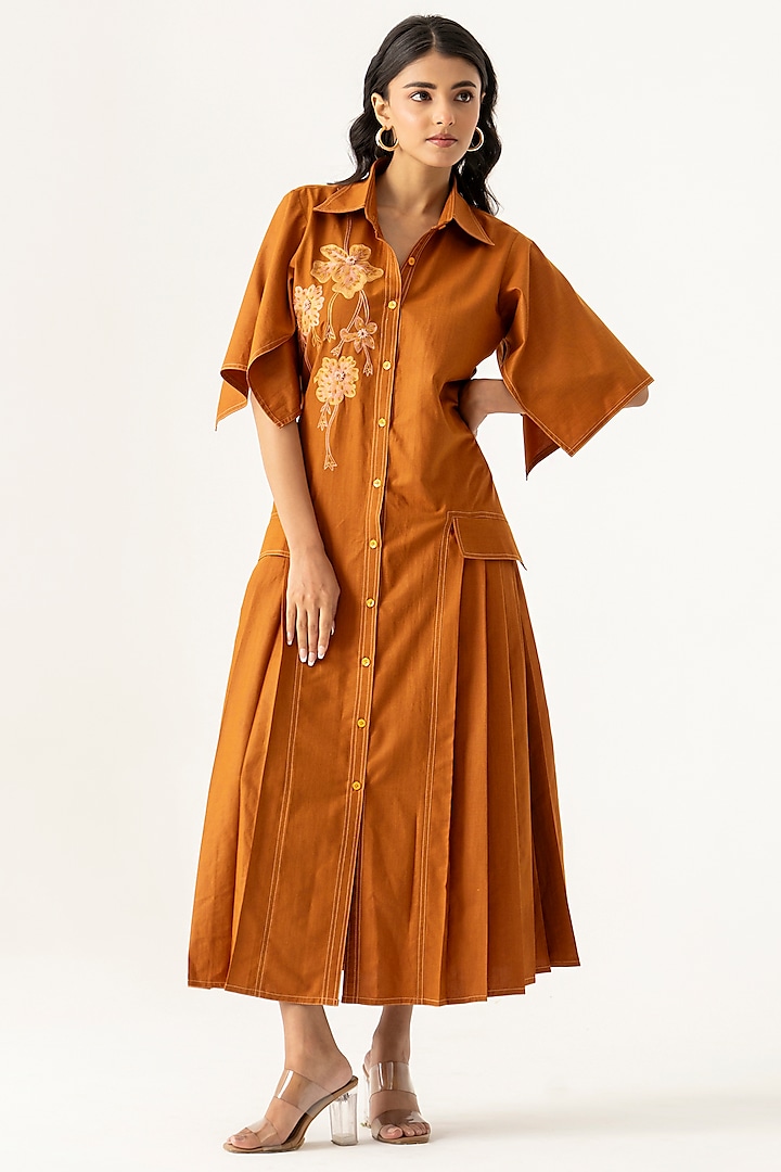 Brown Cotton Floral Embroidered Summer Shirt Dress by K-ANSHIKA Jaipur at Pernia's Pop Up Shop