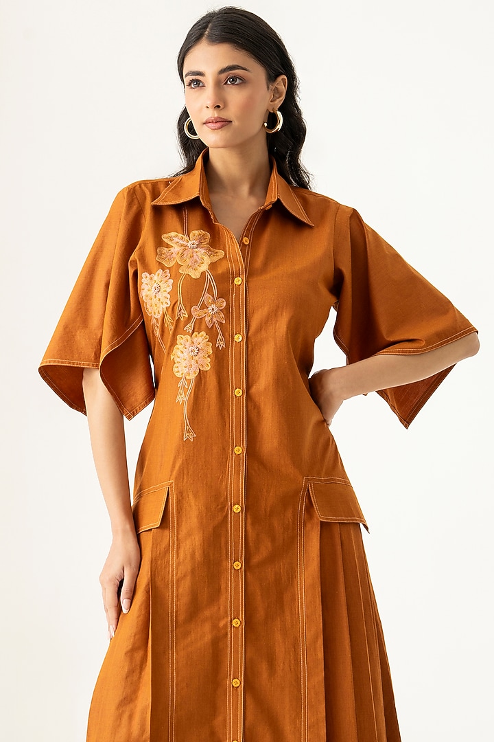 Brown Cotton Floral Embroidered Vacation Shirt Dress by K-ANSHIKA Jaipur at Pernia's Pop Up Shop