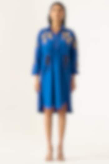 Electric Blue Cotton Floral Embroidered Summer Shirt Dress by K-ANSHIKA Jaipur at Pernia's Pop Up Shop