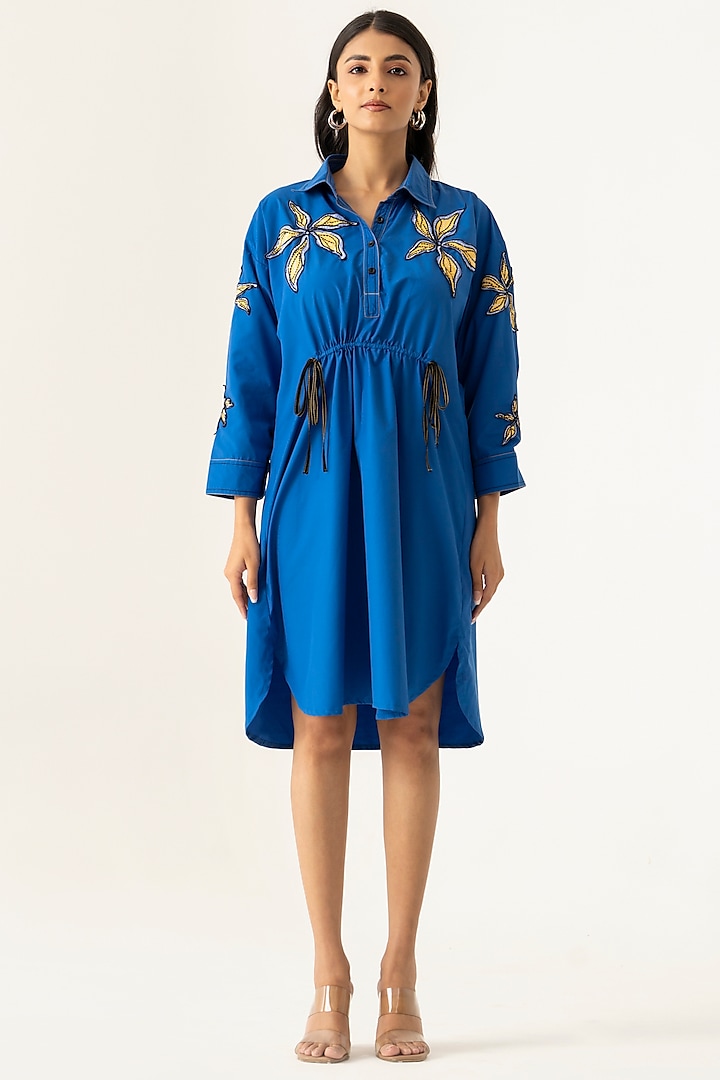 Electric Blue Cotton Floral Embroidered Summer Shirt Dress by K-ANSHIKA Jaipur at Pernia's Pop Up Shop