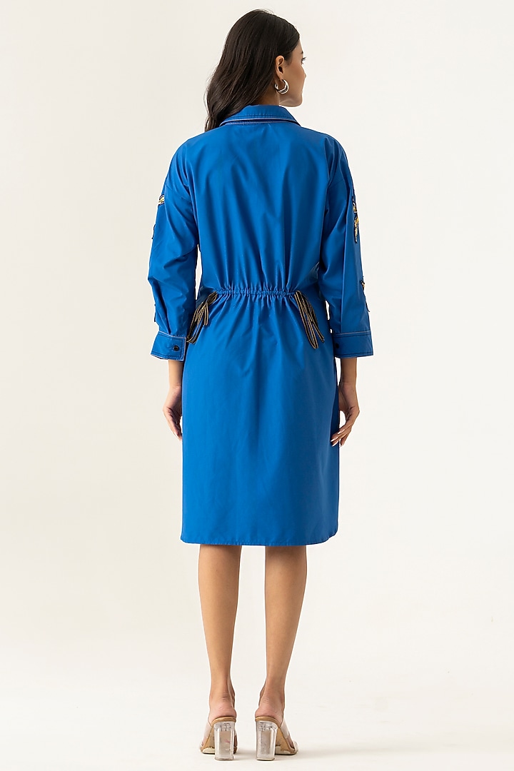 Electric Blue Cotton Floral Embroidered Vacation Shirt Dress by K-ANSHIKA Jaipur at Pernia's Pop Up Shop