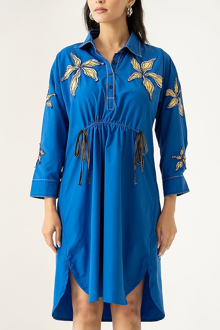 Electric Blue Cotton Floral Embroidered Vacation Shirt Dress by K-ANSHIKA Jaipur at Pernia's Pop Up Shop