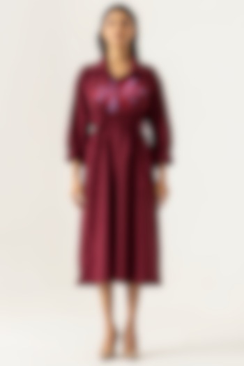 Maroon Cotton Floral Embroidered Shirt Midi Summer Dress by K-ANSHIKA Jaipur at Pernia's Pop Up Shop