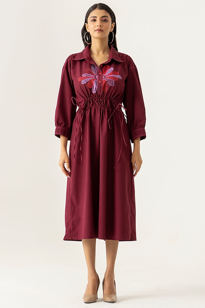 Maroon Cotton Floral Embroidered Shirt Midi Summer Dress by K-ANSHIKA Jaipur at Pernia's Pop Up Shop