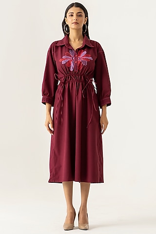 Maroon Cotton Floral Embroidered Shirt Midi Dress by K-ANSHIKA Jaipur