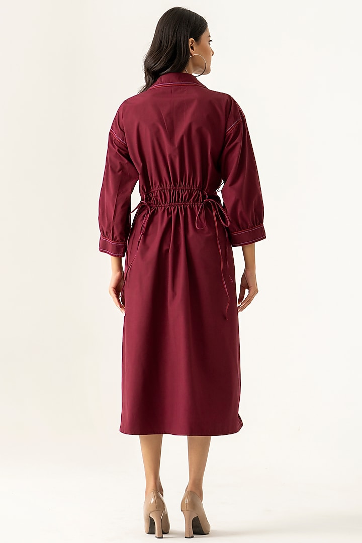 Maroon Cotton Floral Embroidered Shirt Midi Vacation Dress by K-ANSHIKA Jaipur at Pernia's Pop Up Shop