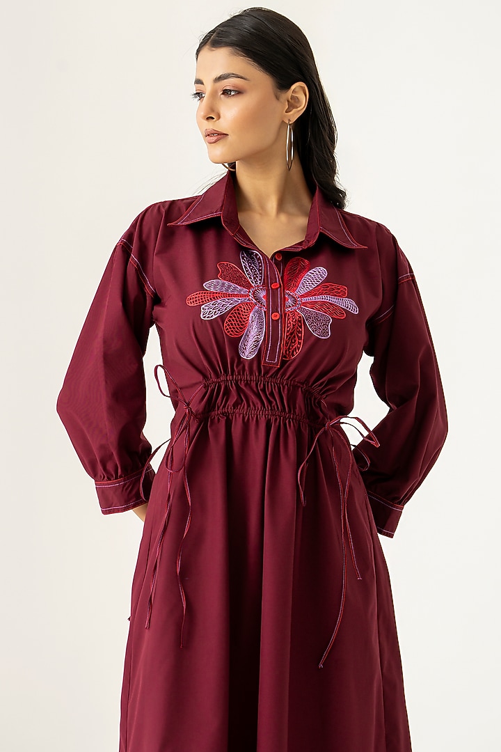 Maroon Cotton Floral Embroidered Shirt Midi Vacation Dress by K-ANSHIKA Jaipur at Pernia's Pop Up Shop