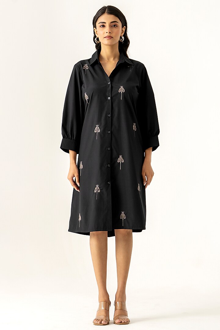 Black Cotton Thread Embroidered Summer Shirt Dress by K-ANSHIKA Jaipur at Pernia's Pop Up Shop