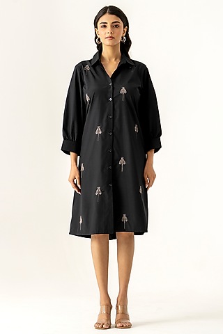 Black Cotton Thread Embroidered Shirt Dress by K-ANSHIKA Jaipur