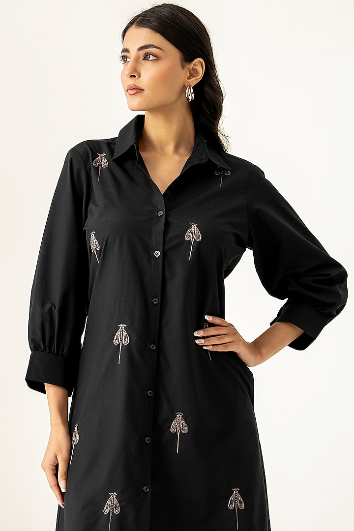 Black Cotton Thread Embroidered Vacation Shirt Dress by K-ANSHIKA Jaipur at Pernia's Pop Up Shop