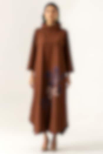 Brown Cotton Floral Motif Embroidered Summer Dress by K-ANSHIKA Jaipur at Pernia's Pop Up Shop