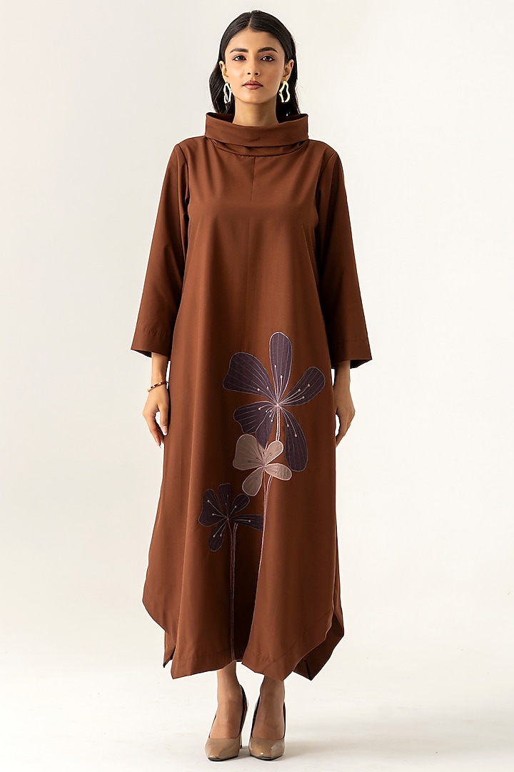 Brown Cotton Floral Motif Embroidered Summer Dress by K-ANSHIKA Jaipur at Pernia's Pop Up Shop