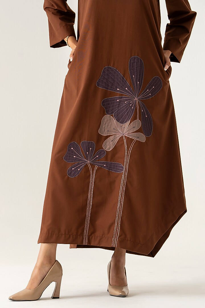 Brown Cotton Floral Motif Embroidered Vacation Dress by K-ANSHIKA Jaipur at Pernia's Pop Up Shop