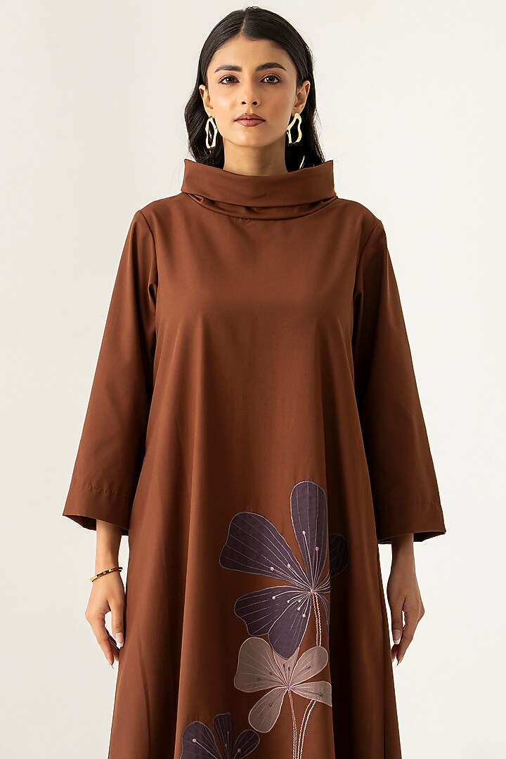 Brown Cotton Floral Motif Embroidered Vacation Dress by K-ANSHIKA Jaipur at Pernia's Pop Up Shop