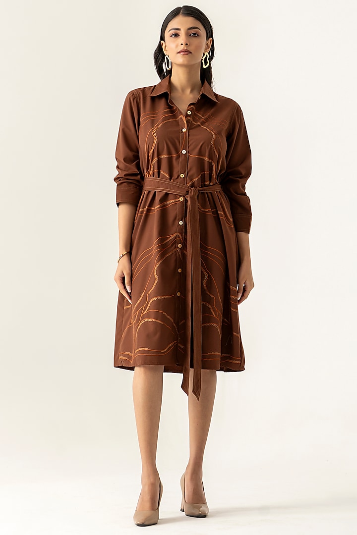 Brown Cotton Abstract Embroidered Summer Shirt Dress by K-ANSHIKA Jaipur at Pernia's Pop Up Shop