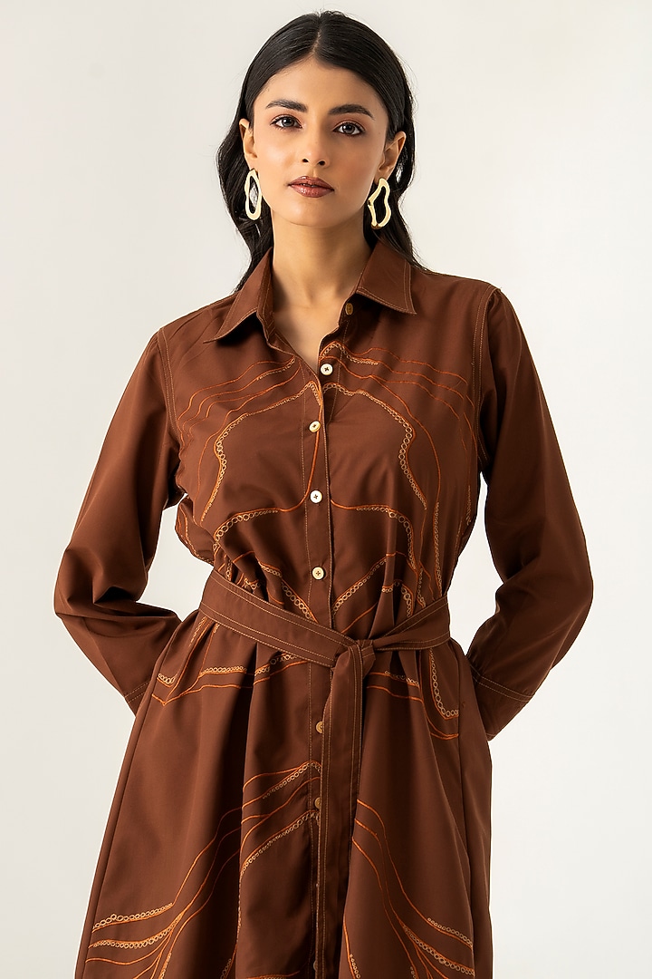 Brown Cotton Abstract Embroidered Vacation Shirt Dress by K-ANSHIKA Jaipur at Pernia's Pop Up Shop