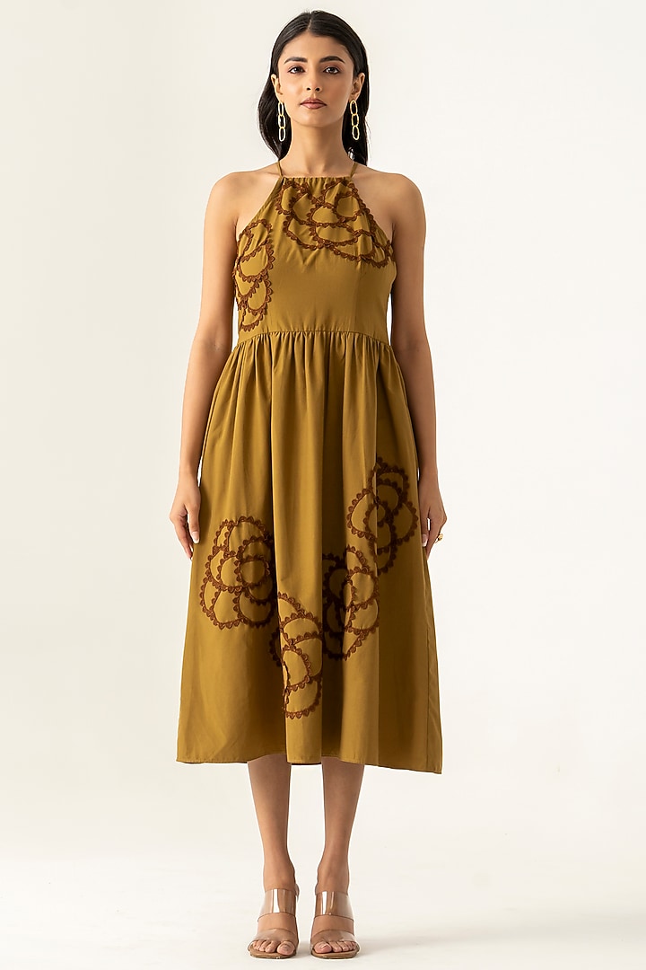 Brown Cotton Applique Work Midi Summer Dress by K-ANSHIKA Jaipur at Pernia's Pop Up Shop