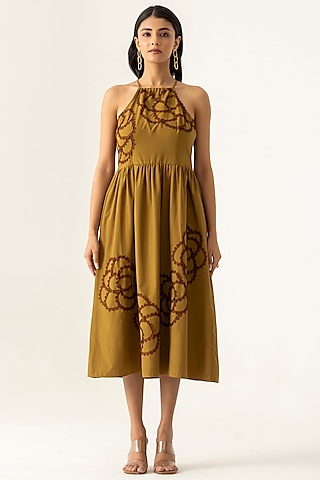 Brown Cotton Applique Work Midi Dress by K-ANSHIKA Jaipur
