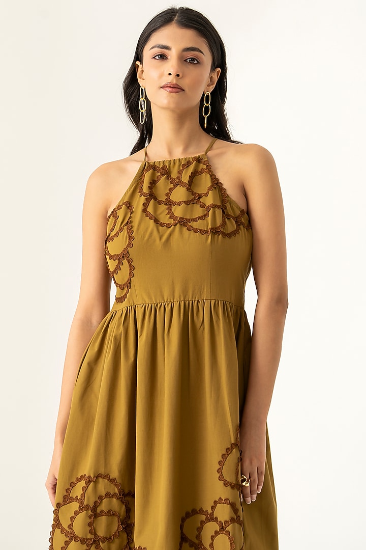 Brown Cotton Applique Work Midi Vacation Dress by K-ANSHIKA Jaipur at Pernia's Pop Up Shop
