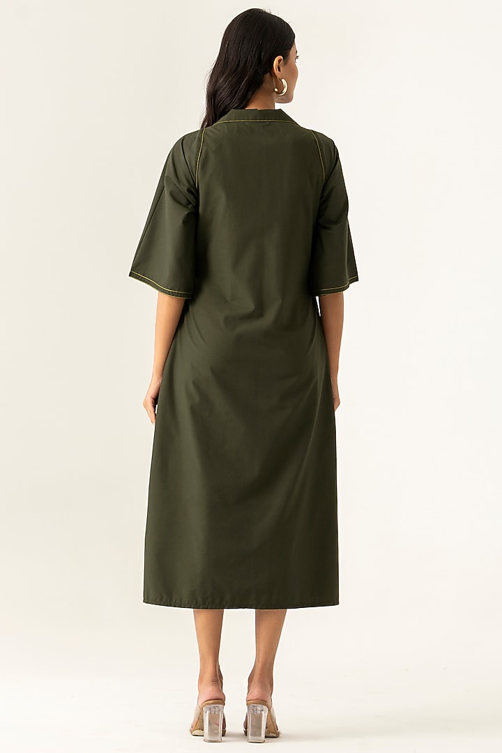 Olive Green Cotton Embroidered Midi Vacation Dress by K-ANSHIKA Jaipur at Pernia's Pop Up Shop