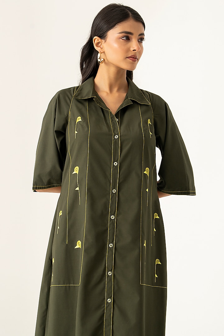 Olive Green Cotton Embroidered Midi Vacation Dress by K-ANSHIKA Jaipur at Pernia's Pop Up Shop