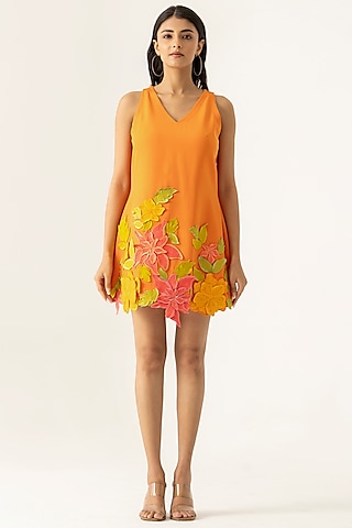 Orange Crepe Embroidered Mini Dress by K-ANSHIKA Jaipur