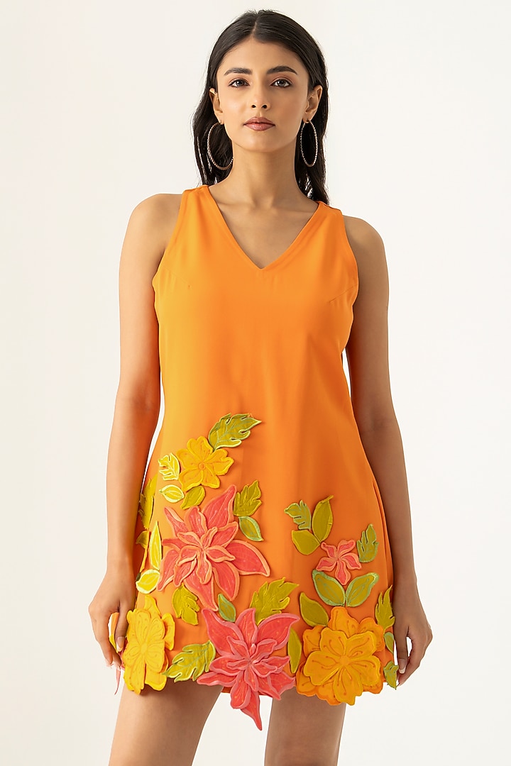 Orange Crepe Embroidered Mini Vacation Dress by K-ANSHIKA Jaipur at Pernia's Pop Up Shop