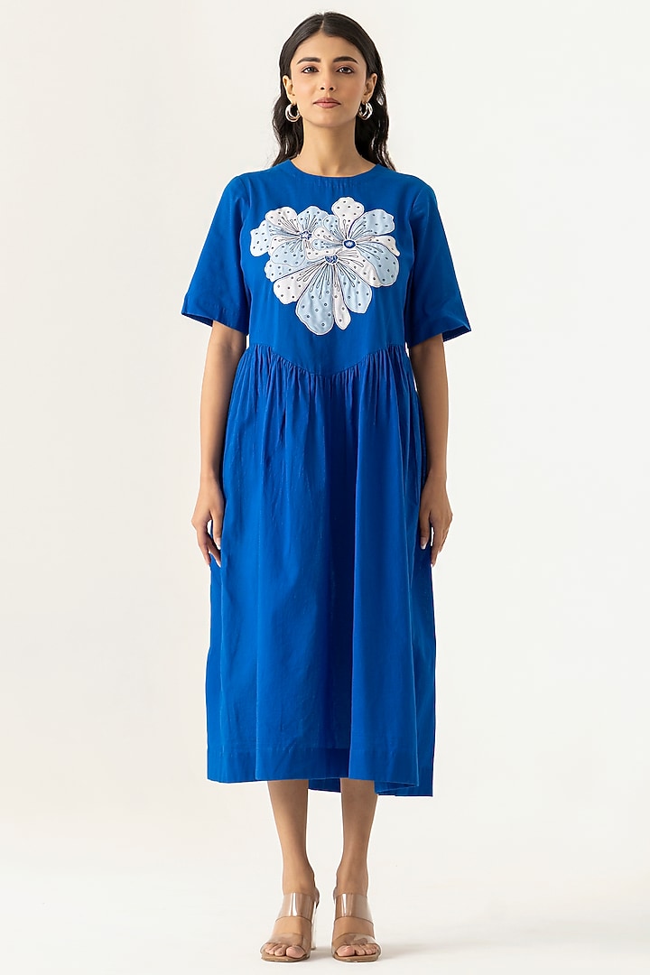 Blue Cotton Embroidered Midi Summer Dress by K-ANSHIKA Jaipur at Pernia's Pop Up Shop