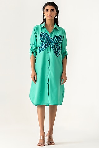 Green Cotton Embroidered Shirt Dress by K-ANSHIKA Jaipur
