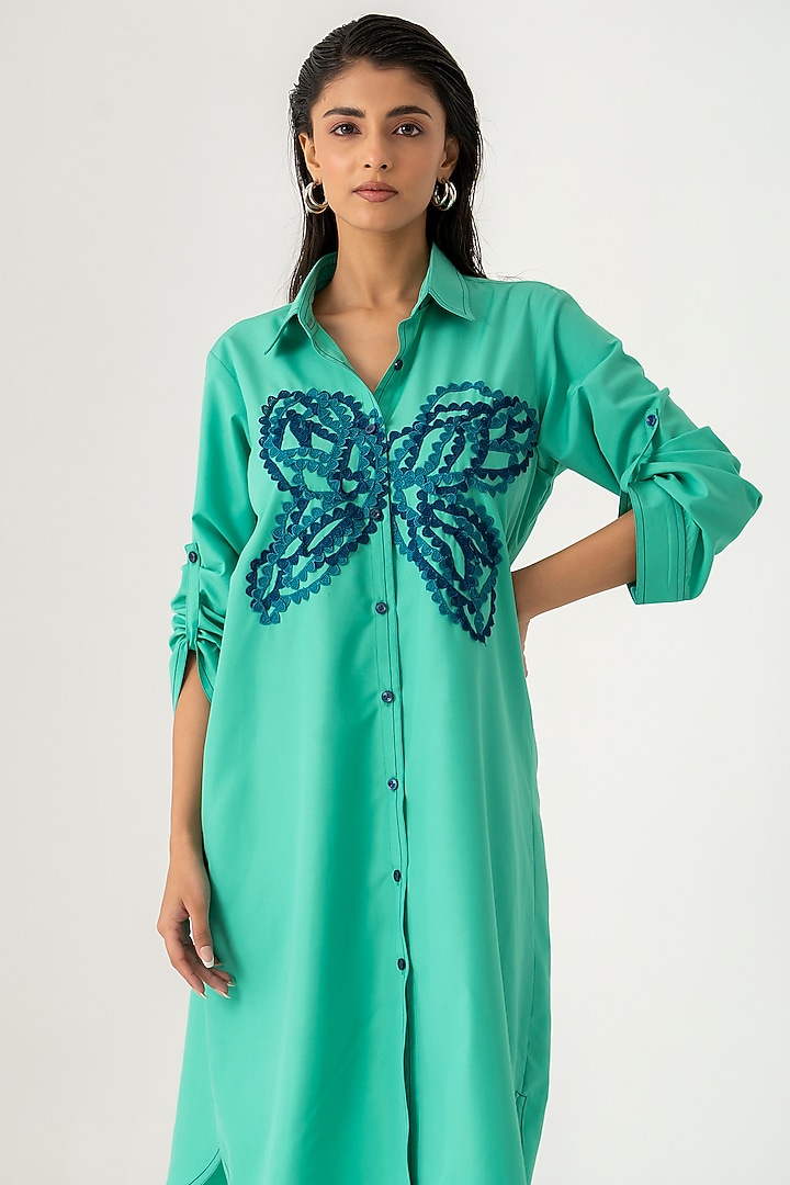 Green Cotton Embroidered Vacation Shirt Dress by K-ANSHIKA Jaipur at Pernia's Pop Up Shop