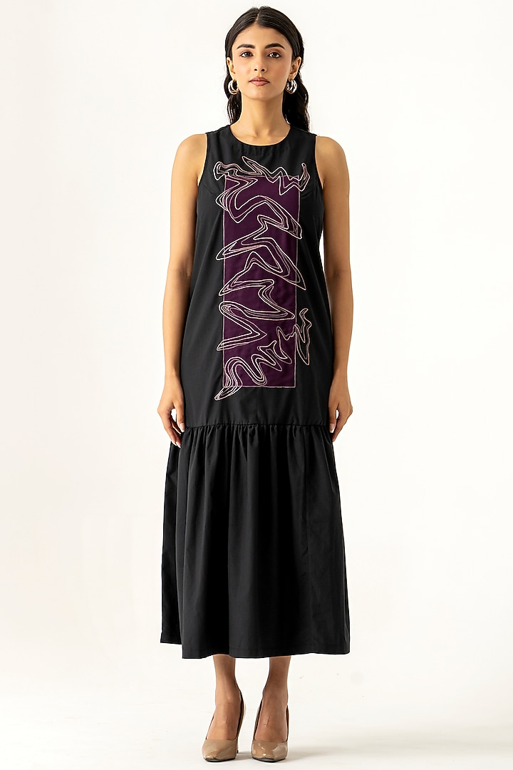 Black Cotton Embroidered Midi Summer Dress by K-ANSHIKA Jaipur at Pernia's Pop Up Shop