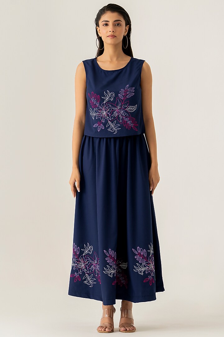 Navy Blue Cotton Embroidered Co-Ord Set by K-ANSHIKA Jaipur at Pernia's Pop Up Shop