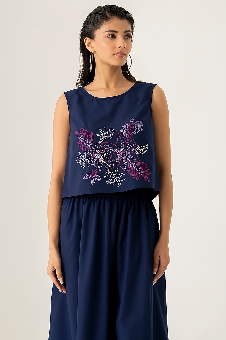 Navy Blue Cotton Embroidered Co-Ord Set by K-ANSHIKA Jaipur at Pernia's Pop Up Shop