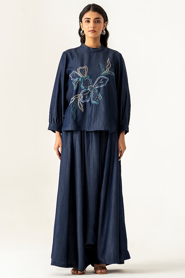 Navy Blue Cotton Embroidered Co-Ord Set by K-ANSHIKA Jaipur at Pernia's Pop Up Shop
