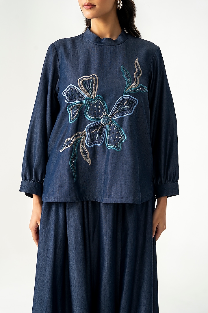 Navy Blue Cotton Embroidered Co-Ord Set by K-ANSHIKA Jaipur at Pernia's Pop Up Shop