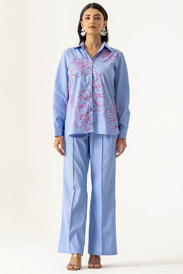 Sky Blue Cotton Embroidered Co-Ord Set by K-ANSHIKA Jaipur at Pernia's Pop Up Shop