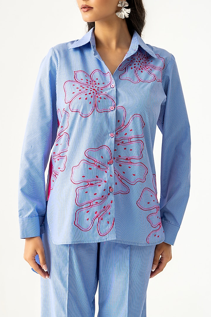 Sky Blue Cotton Embroidered Co-Ord Set by K-ANSHIKA Jaipur at Pernia's Pop Up Shop