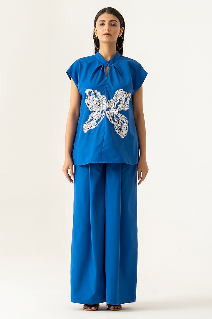 Cobalt Blue Cotton Floral Embroidered Co-Ord Set by K-ANSHIKA Jaipur at Pernia's Pop Up Shop