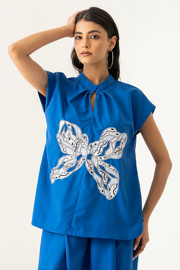Cobalt Blue Cotton Floral Embroidered Co-Ord Set by K-ANSHIKA Jaipur at Pernia's Pop Up Shop